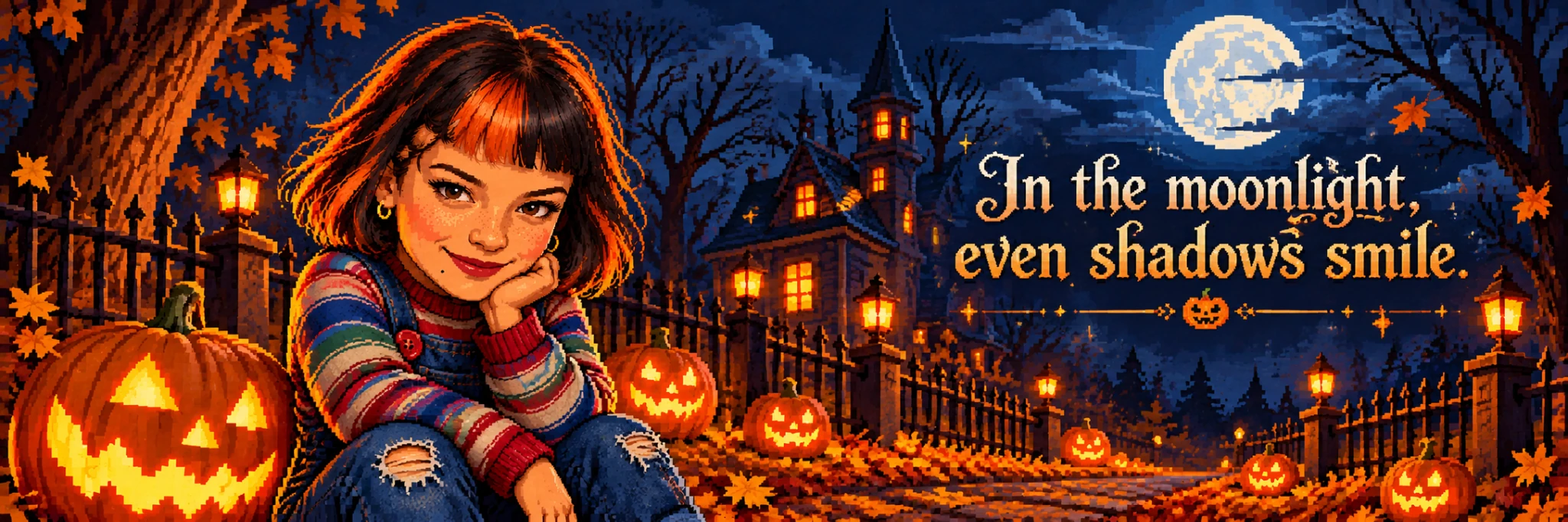 Chucky Claudia under a bright full moon with jack-o'-lanterns and the words: In the moonlight, even shadows smile.